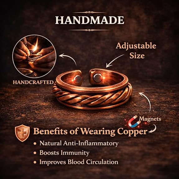 Chardikala Magnetic Copper Ring for Men Adjustable Braided Pure Copper Open Band, Handmade Twist Design Therapy Ring, Rustic Statement Jewelry, Comfortable Everyday Wear Jewelry for Boys & Men (Adjustable Size)