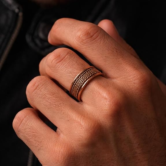 Chardikala Premium Solid Copper Magnetic Adjustable Ring for Men β Handmade Braided Open Band, Antique Finish Therapy Style Finger Ring, Bold Statement Jewelry , Traditional Viking Inspired Design (Adjustable Size)