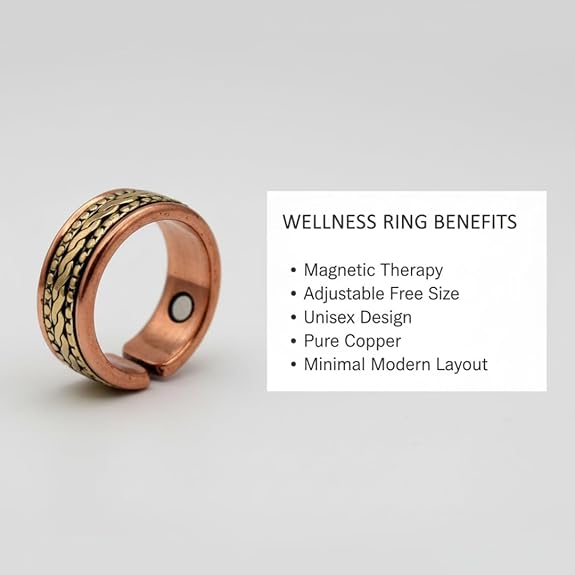 Chardikala Pure Copper Wellness Ring for Men | Blood Pressure Support & Magnetic Therapy | Free Size Adjustable (Men)