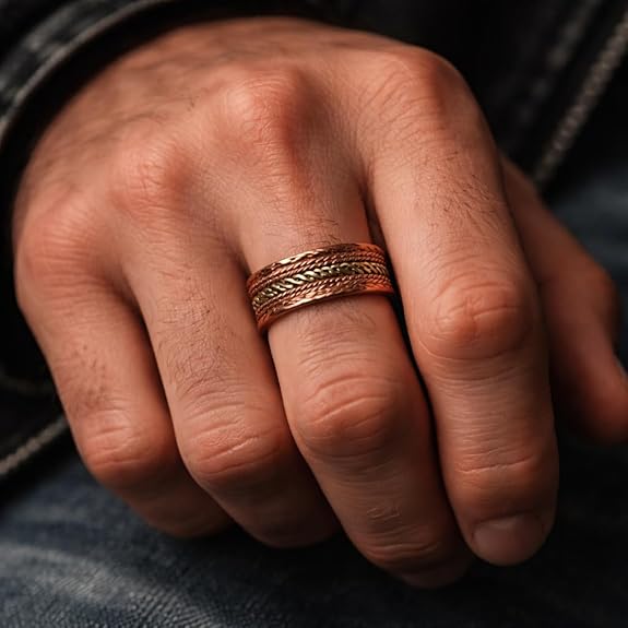 Chardikala Pure Copper Magnetic Ring for Men with Magnet Effect, Adjustable Open Band Braided Design, Solid Copper Therapy Ring for Pain Relief & Energy Balance, Handmade Antique Finish Statement Band Gift for Him