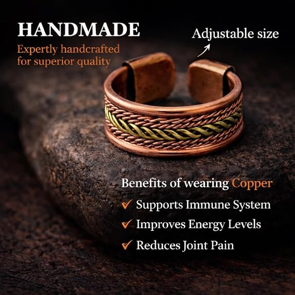 Chardikala Pure Copper Magnetic Ring for Men with Magnet Effect, Adjustable Open Band Braided Design, Solid Copper Therapy Ring for Pain Relief & Energy Balance, Handmade Antique Finish Statement Band Gift for Him
