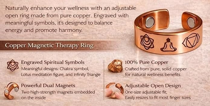 Chardikala Seven Chakra Copper Magnetic Ring, Adjustable Ring Design, Unisex