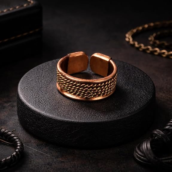 Chardikala Premium Solid Copper Magnetic Adjustable Ring for Men – Handmade Braided Open Band, Antique Finish Therapy Style Finger Ring, Bold Statement Jewelry , Traditional Viking Inspired Design (Adjustable Size)