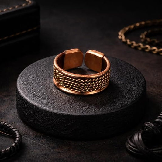 Chardikala Premium Solid Copper Magnetic Adjustable Ring for Men – Handmade Braided Open Band, Antique Finish Therapy Style Finger Ring, Bold Statement Jewelry , Traditional Viking Inspired Design (Adjustable Size)