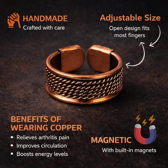 Chardikala Premium Solid Copper Magnetic Adjustable Ring for Men – Handmade Braided Open Band, Antique Finish Therapy Style Finger Ring, Bold Statement Jewelry , Traditional Viking Inspired Design (Adjustable Size)