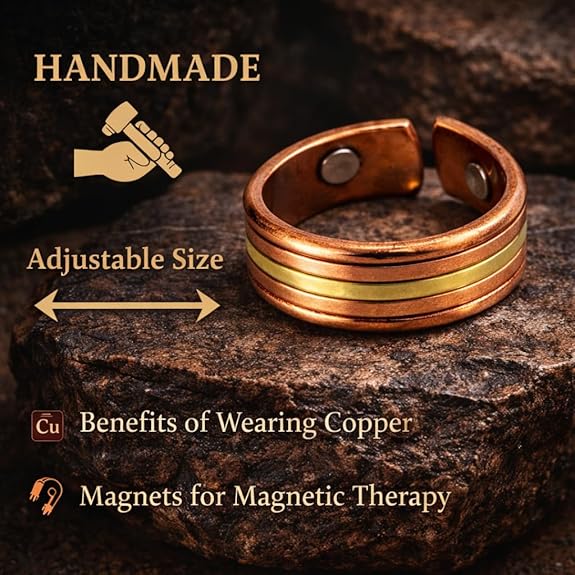 Chardikala Magnetic Copper Ring for Men with Magnet Effect, Adjustable Open Band Pure Solid Copper Finger Ring for Energy Balance & Wellness, Handmade Heavy Duty Antique Finish Mens Jewelry Gift