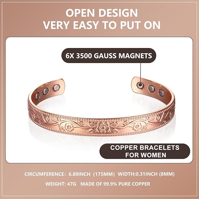 Chardikala copper bracelet for men copper bracelets for women 99.9% Pure Copper Magnetic Bangle with 6pcs 3500 Gauss Magnets, magnetic bracelets for women and men Jewelry Gift .