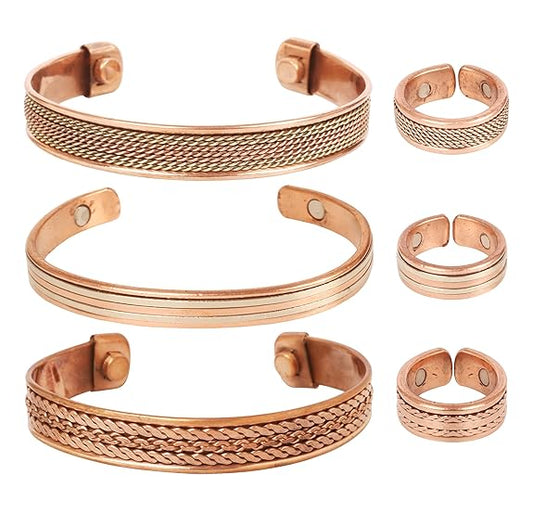 Chardikala  Handcrafted Copper Magnetic Hand Forged with Solid and High Gauge Tibetan Style Minimalistic Elegance Copper Bracelet and Matching Ring.